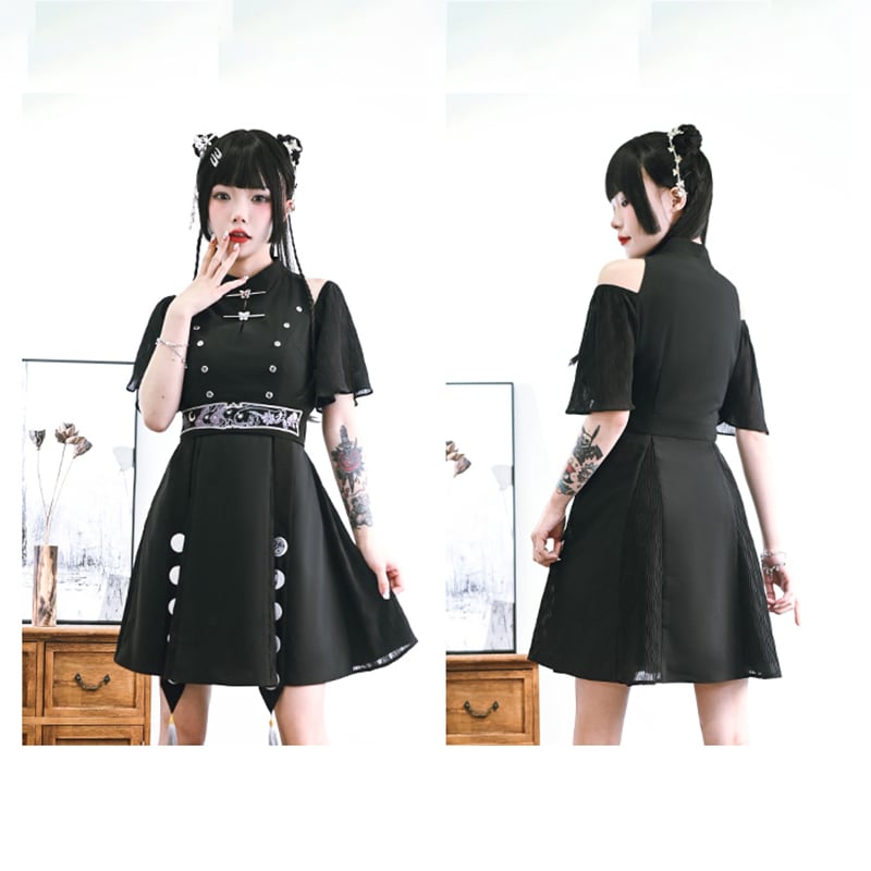 [Kokaisha---Dark Series]★China style dress★ Off-the-shoulder short length slimming original black black SML date