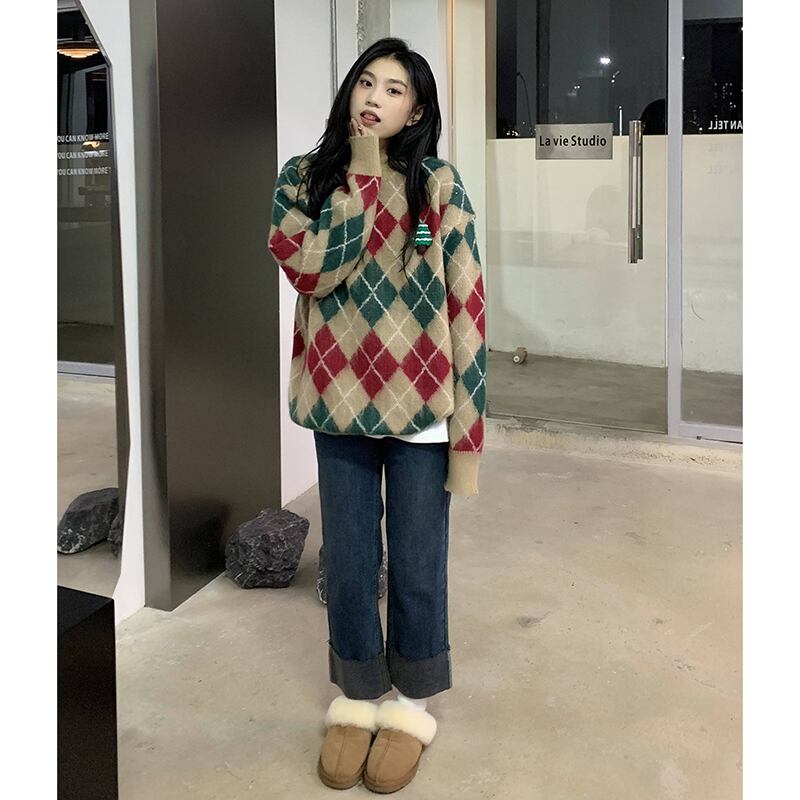 [Tachibana Koju Series] ★Sweater★ 2color knit tops Christmas rhombus cute fashion