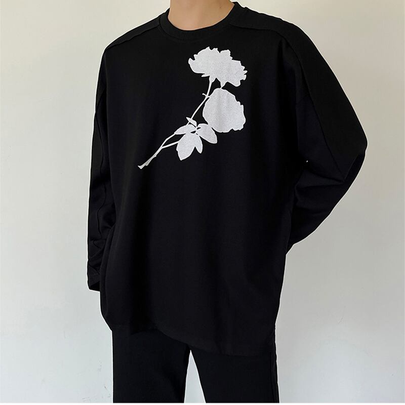 [Illustrated series] ★T-shirt★ 2color tops long sleeve T-shirt unisex men's simple floral pattern black white