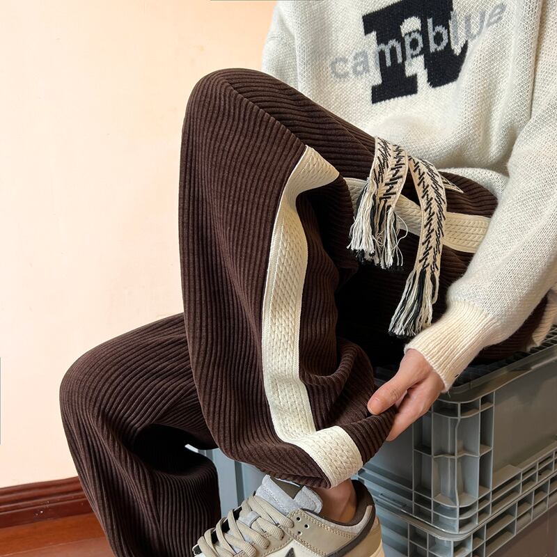 [Du Fung Series] ★Casual Pants★ 3color Bottoms Unisex Men's Corduroy Vertical Stripes Black Beige Coffee Color