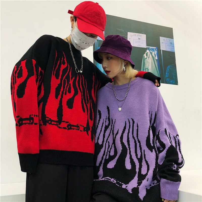 [OOTDstudio Series]★Sweater★ 2color Tops Flame Flame Pattern Knit Tops Unisex Men's Red Purple