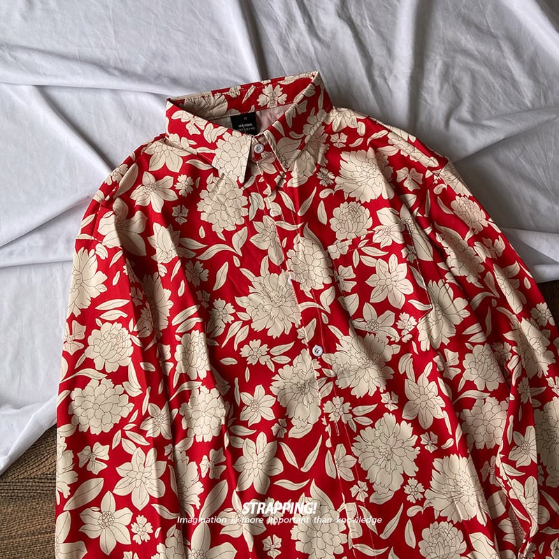 [STRAPPING Series]★Shirt★ Tops Unisex Men's Red Red Floral Pattern Shirt Long Sleeve Shirt Thin