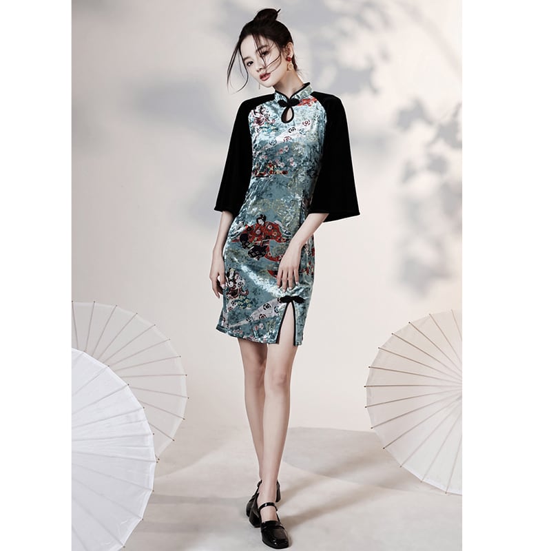 [YUEQIAO Series]★Cheongsam dress★Short length velvet Chinese style dress print retro