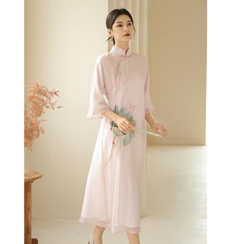 [Shimu Series] ★Chinese style dress★ Elegant Chinese clothes Tang suit Retro print Summer clothes Lotus Pink