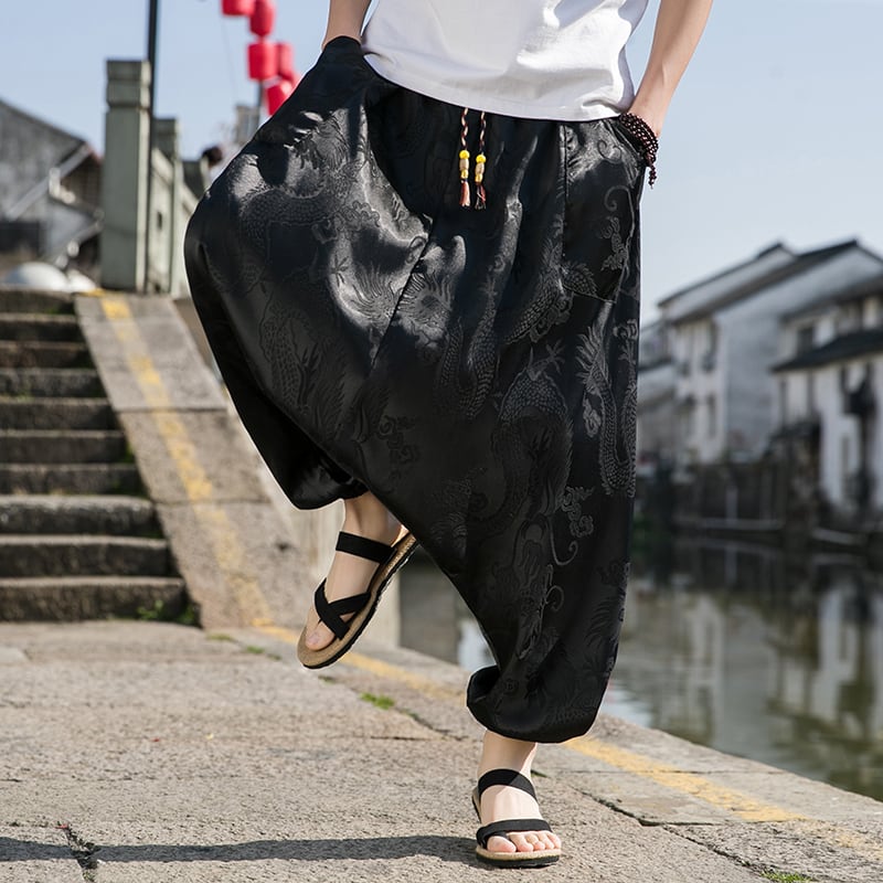 [YISHUO Series]★China Style Pants★Casual Pants Print Unisex Men's Black Black