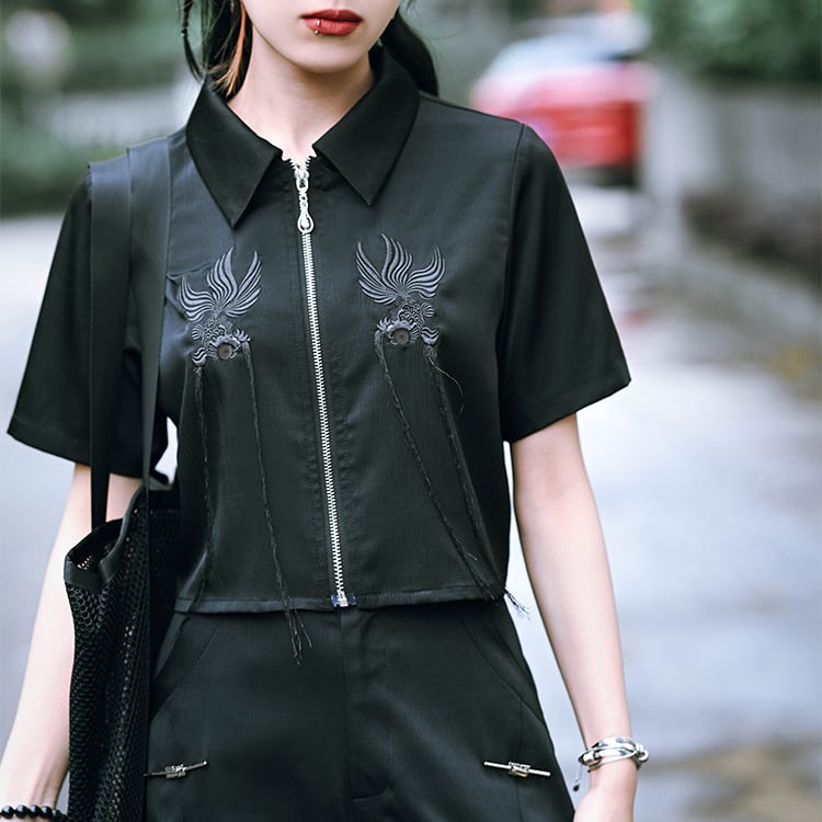 [Kokaisha --- Return Series] ★China style tops★ Shirt 2color short length black black embroidery short sleeve