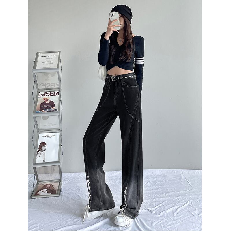 [YOUYAGE Series] ★Denim Pants★ Bottoms Trousers Casual Gradient Ladies Black Black