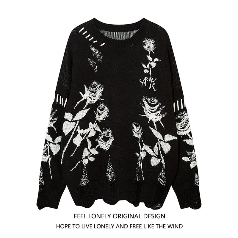 [Feel lonely series]★Sweater★ 2color tops Unisex Men's Distressed rose Harajuku style Unique