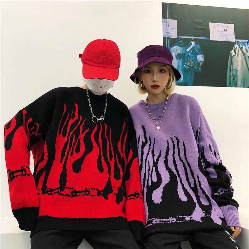 【OOTDstudioシリーズ】★セーター★ 2color トップス 炎 ほのお 炎柄 ニットトップス 男女兼用 メンズ レッド パープル