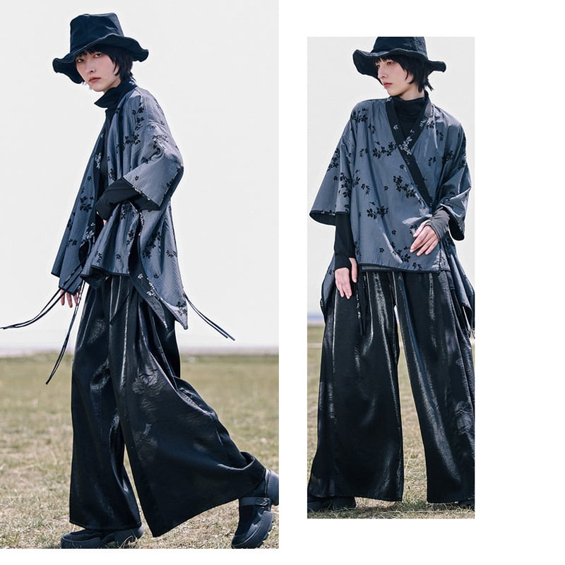 [Big Blue Dragon Series] ★China style gaucho pants★ Gaucho bottoms switching print slimming black black