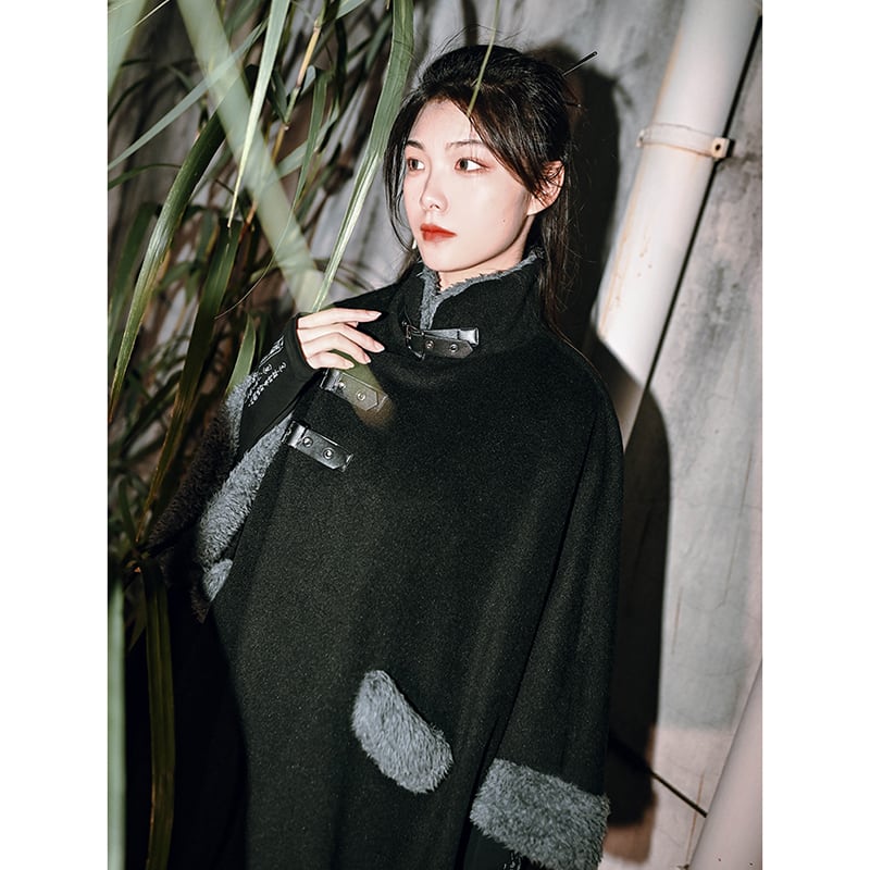 [Ancient monster house---Shanhai Jing Kunlun series] ★China style coat★ Outer coat Lasha loose thick warm black black cloak coat