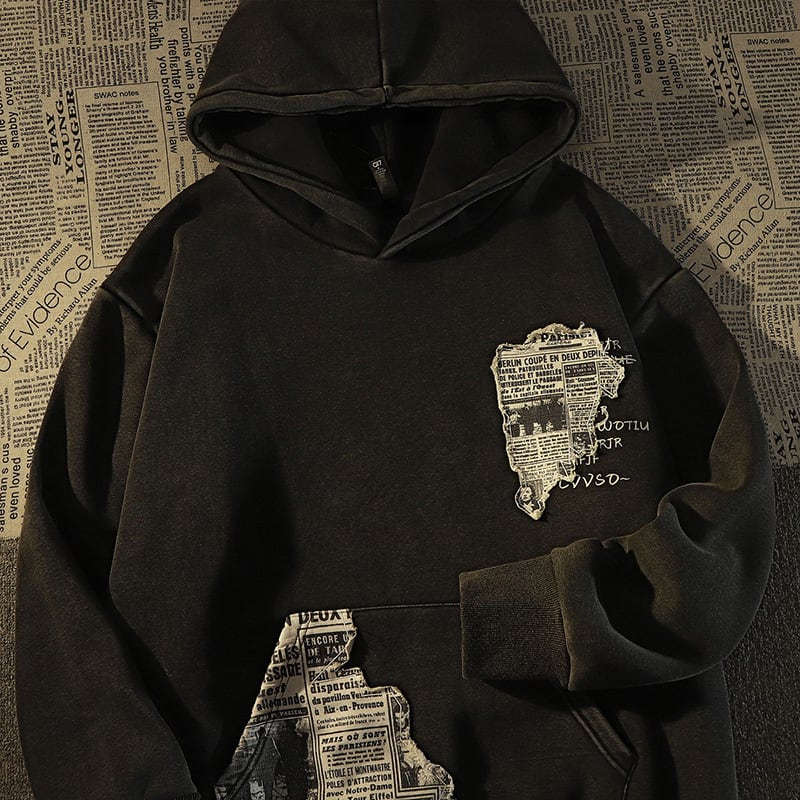 [Roba Series] ★Fleece-lined hoodie★ 2color tops unisex men's newspaper pattern retro black white