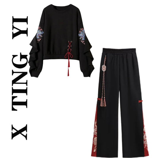 [XTINGYI Series]★Chinese style setup, single item order★ Tops or pants Casual Embroidery Black Black