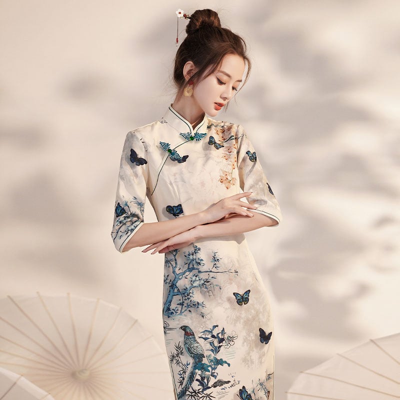 [Bacho Senko Series] ★Cheongsam dress★ Dress, long length, butterfly, elegant, large size, slim