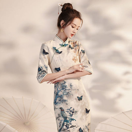 [Bacho Senko Series] ★Cheongsam dress★ Dress, long length, butterfly, elegant, large size, slim