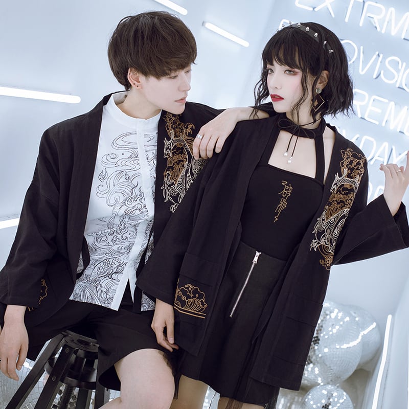 [Kyodo Series] ★China style outerwear★ 2color black or green happi coat dragon embroidery unisex couple clothes men's cotton linen