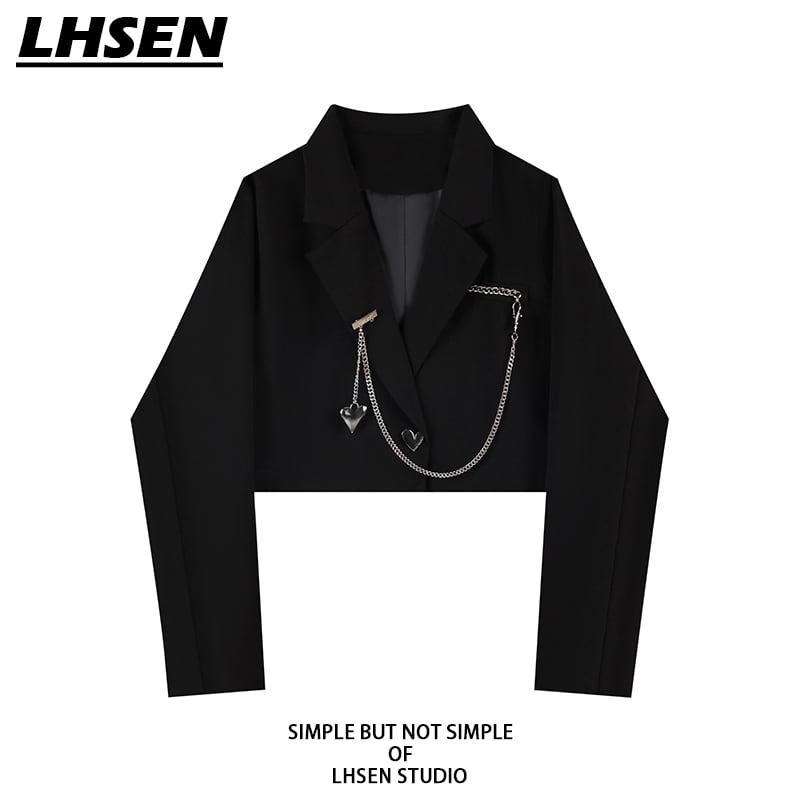 [LHSEN Series]★Blazer★ Outerwear with decorations Mini length Easy to match with design Black S M L XL