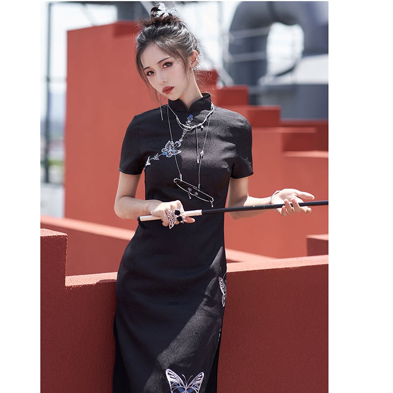 [Qingtang --- Skeleton Butterfly Series] ★Cheongsam dress★ Chinese style dress embroidery short sleeve slimming Chinese clothes butterfly