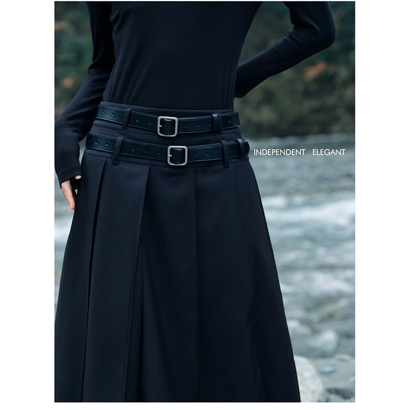 [Big Blue Dragon Series] ★China style skirt★ Bottoms with belt, black, high-looking, slimming, improving temperament