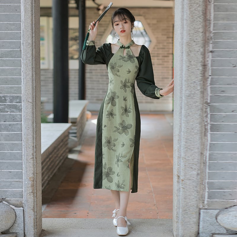 [Tatsuko Chenis Series] ★China style dress★ Improved cheongsam dress Floral pattern Color scheme Slimming Green Green SML