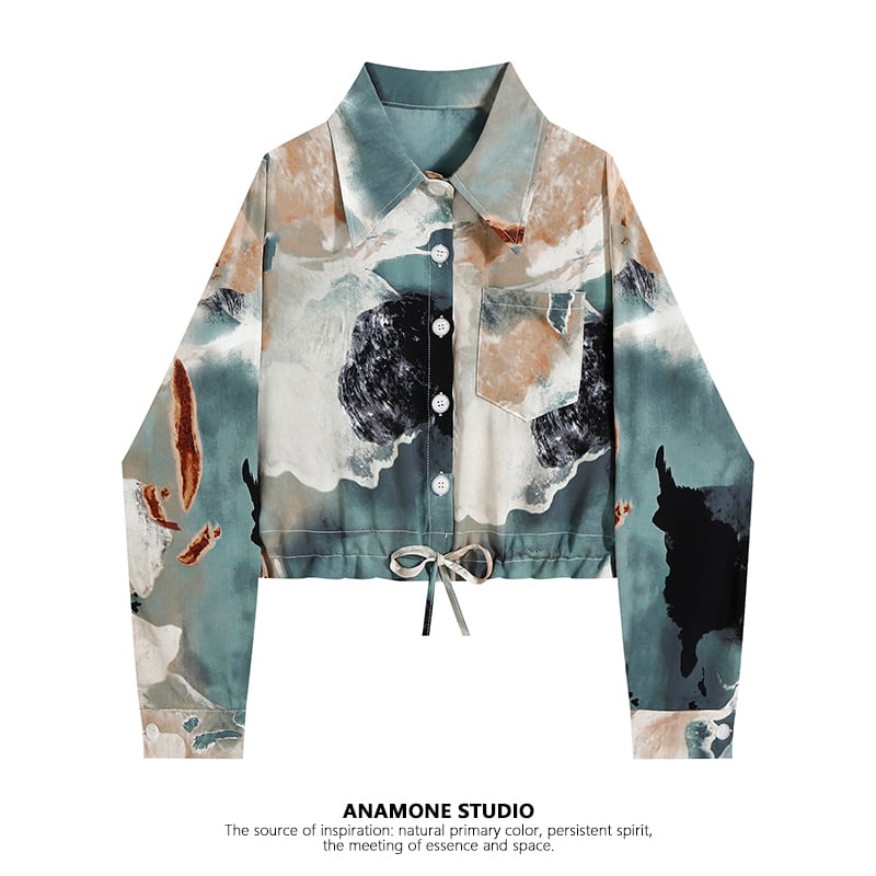 [ANAMONE STUDIO Series]★Shirt★ Tops Oil painting style Mini length print SML Unique Easy to match