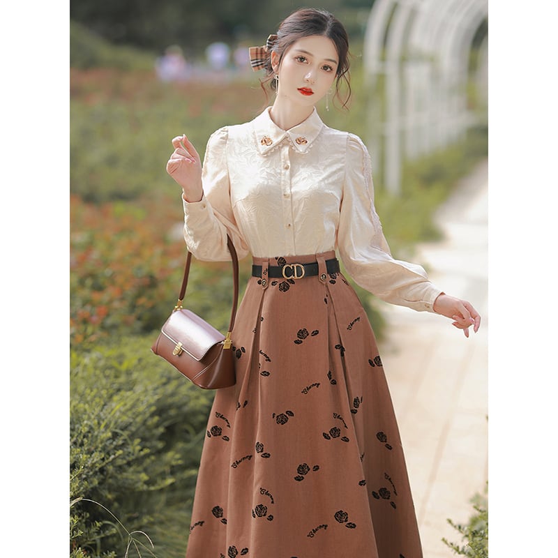 [Kasa Castle Series]★Setup★ 2-piece set shirt + skirt commuting date retro S M L XL