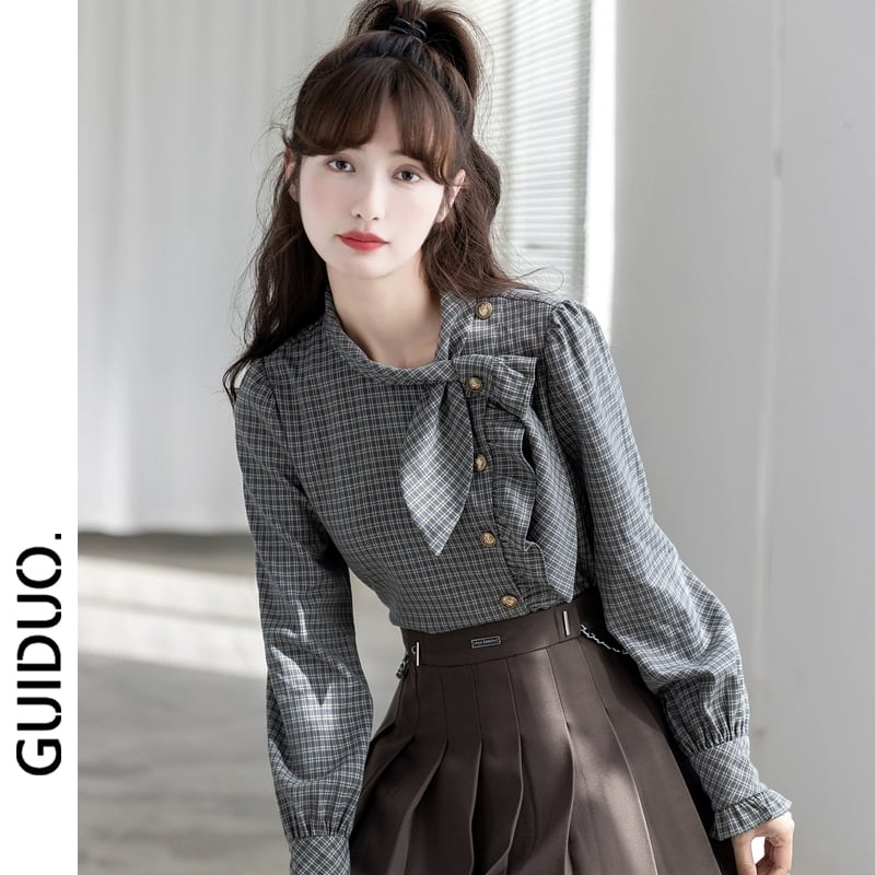 [GUIDUO Series] ★Shirt★ Tops, Long Sleeve Shirt, Plaid Pattern, Ladies, Improves Temperament, Ribbon, Cute, Date, Commuting