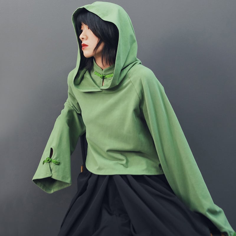 [Daiseiryusu Series]★China style hoodie★ Tops 2 colors, short length, Chinese buttons, hooded, green black