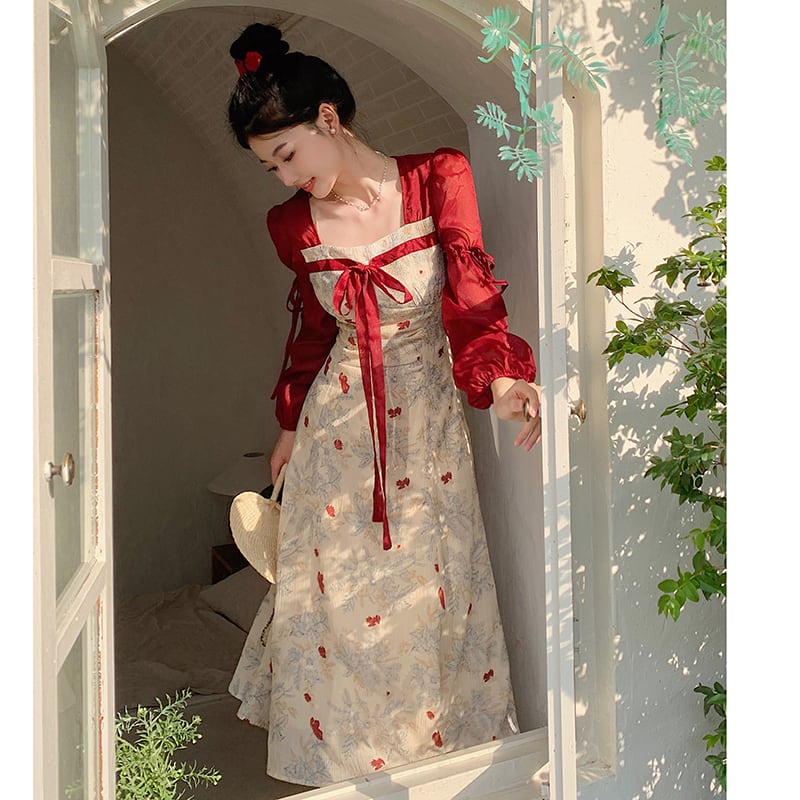 [JIGUJIGU series] ★China style dress★ Switching ribbon, large size, improves temperament, commuting, date, red, red, floral pattern