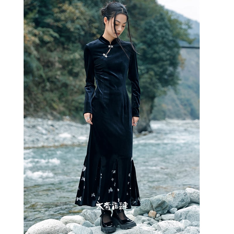 [Da Qinglong Shu Series] ★China-style dress★ Improved cheongsam dress, velvet, slimming, long length, black, black