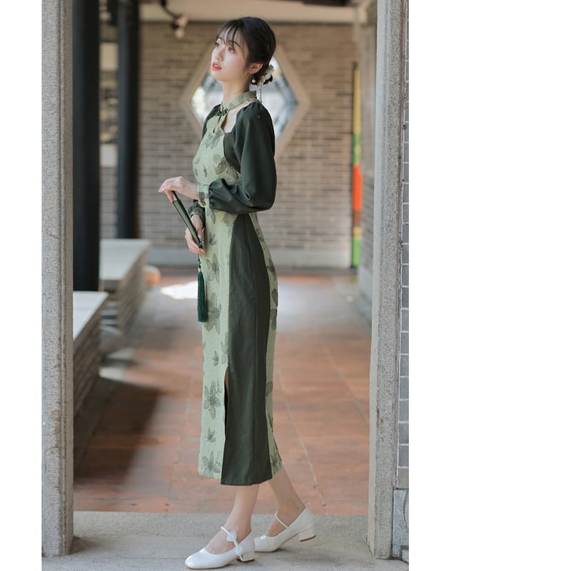 [Tatsuko Chenis Series] ★China style dress★ Improved cheongsam dress Floral pattern Color scheme Slimming Green Green SML