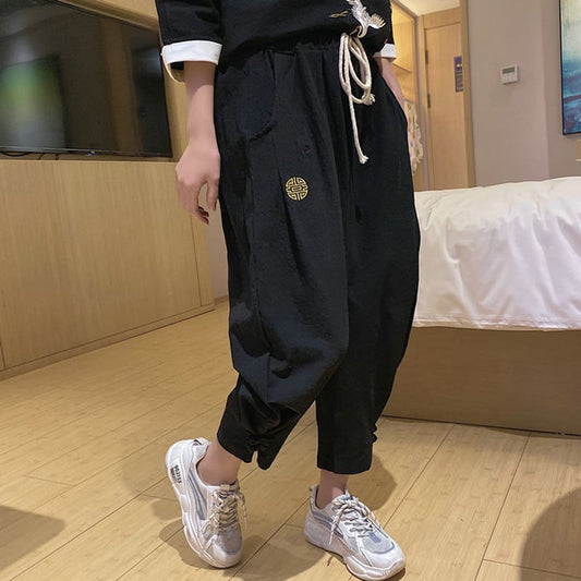 Chinese style trousers, summer cropped pants, bottoms, Chinese style clothing, black, black, large size, ML, XL, 2XL, easy to match