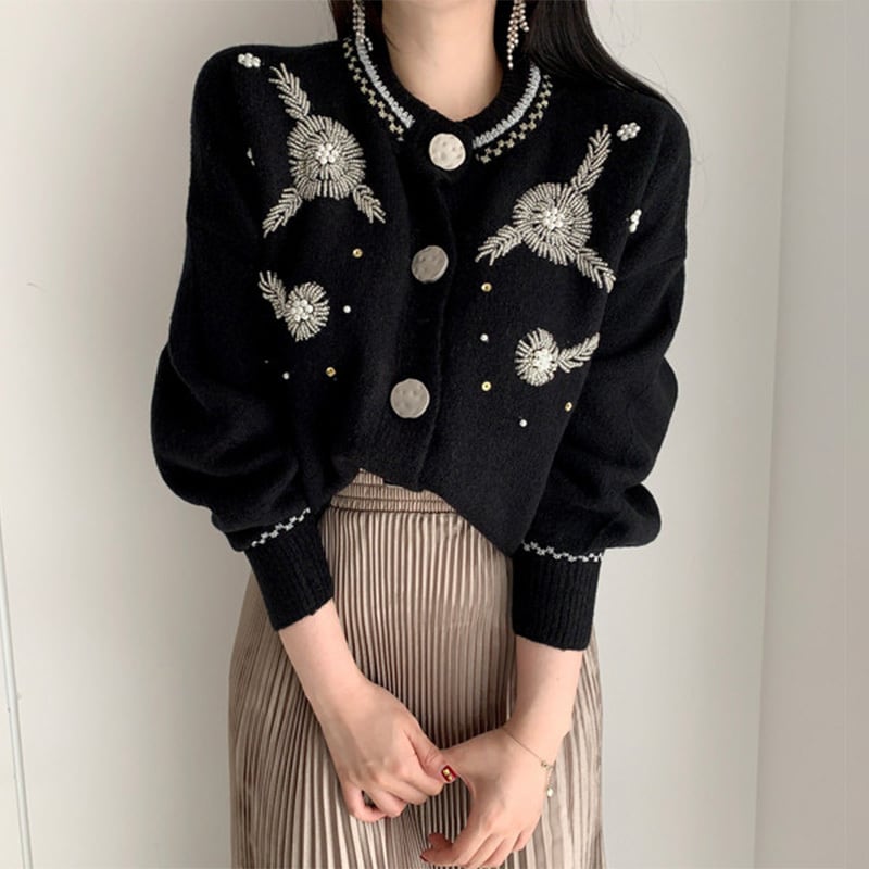 [LIANGLIANG Series]★Sweater★ 2color Cardigan Floral Pattern Women's Stylish Black White