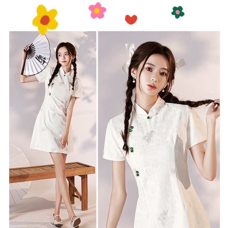 [YUEQIAO series]★Cheongsam dress★Short length Chinese style dress White White Cute Slimming look