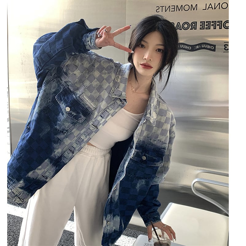 [YONGFEI Series]★Jacket★ Tops Outerwear Denim Jacket Plaid Pattern Unisex Men's Stylish Blue Blue