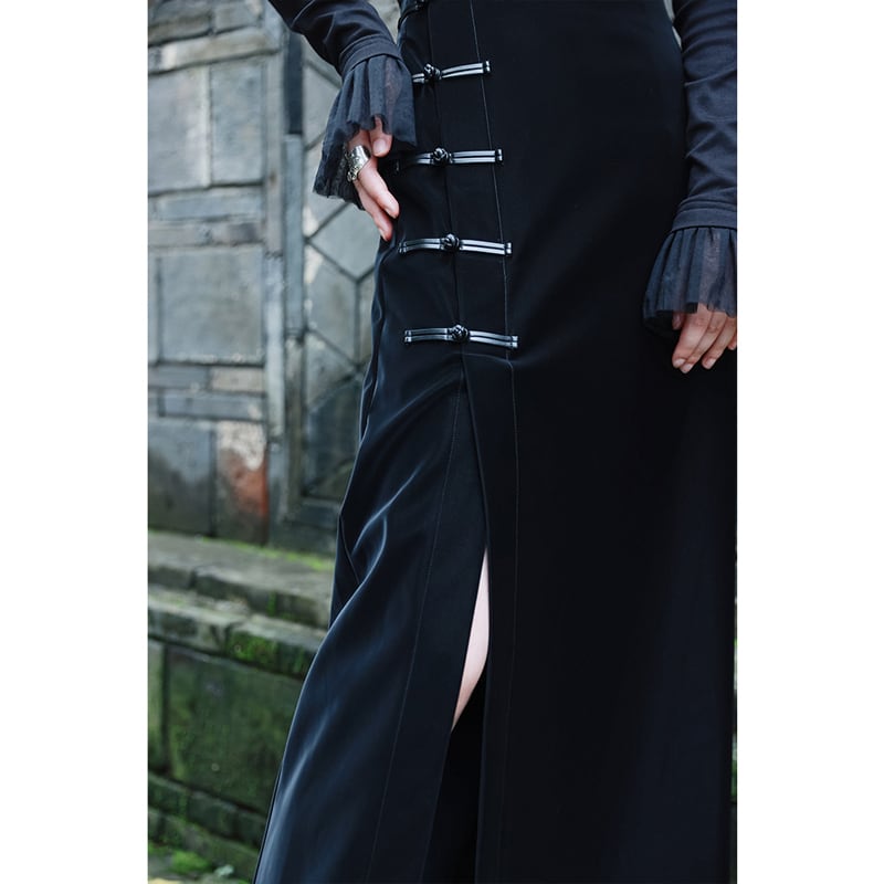 recommendation! [Da Qinglong Shu Series] ★China style skirt★ PU black, long length, slimming, easy to match, high waist