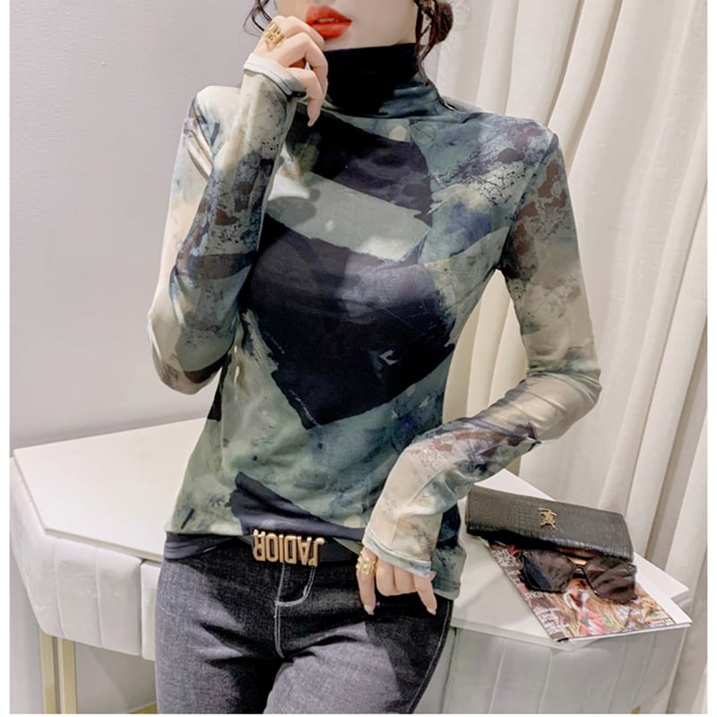 [YINUO Series] ★Tops★ T-shirt Turtleneck Sexy Slimming Ladies Tie-dye