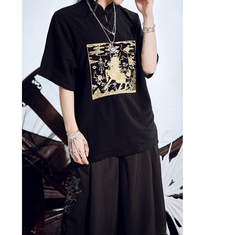 [Kyodo Series]★China style shirt★ 2color black or white original embroidery cotton linen SML XL unisex men's couple clothes