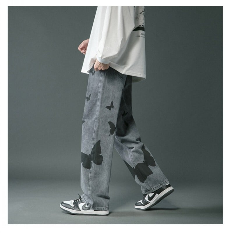 [Snow Qiongsi Series]★Denim Pants★ 2color Bottoms Pants Unisex Men's Butterfly Print Unique Black Blue