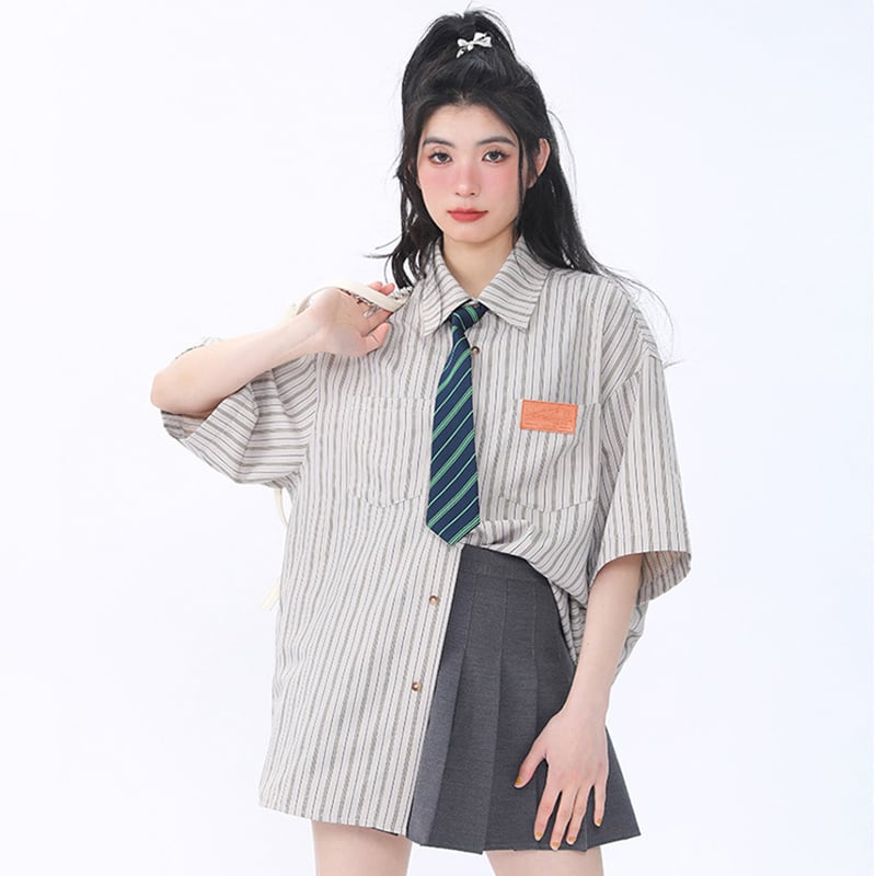 [Escaped Earth Series]★Shirt with tie★ 3color tops, short sleeve shirt, unisex, men's, vertical stripes, striped pattern, loose fit