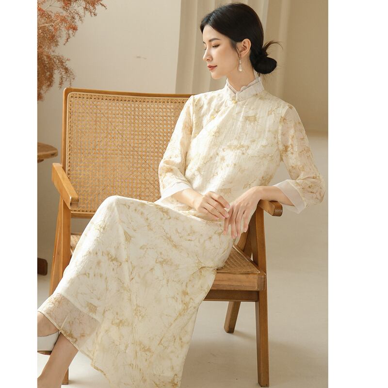 [Shimu Series] ★Chinese style dress★ Elegant Chinese clothes Tang suit Retro print Summer clothes Yellow S M L XL