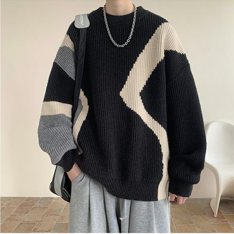 [Tiaota Series]★Sweater★ 3color Knit Tops Unisex Men's Color Scheme Retro Black Coffee Color Apricot