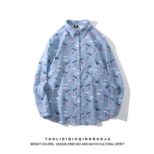 【WEIJIAシリーズ】★シャツ★ トップス 花柄シャツ 長袖シャツ 鳥 鳥柄  動物柄 男女兼用 メンズ M L XL 2XL ブルー 青い