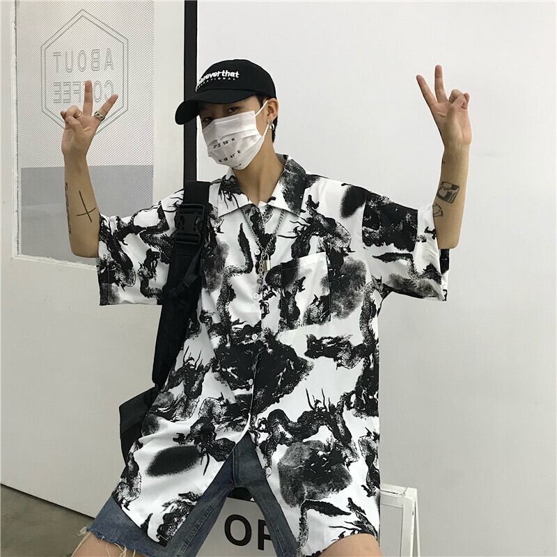 [Miyakoya Series]★China style shirt★ Short sleeve, dragon crest, floral pattern, unisex, ML, summer, cool, couple clothes, everyday wear