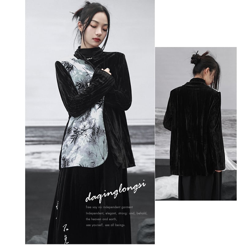 [Da Qinglong Shu Series] ★China style outerwear★ Bamboo bamboo pattern velvet blazer Chinese clothing color scheme black black