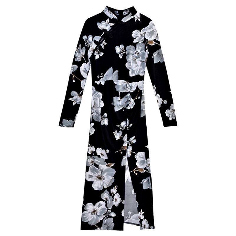 [NANA Series] ★China-style dress★ Improved cheongsam dress, sexy floral pattern, slit, long sleeves