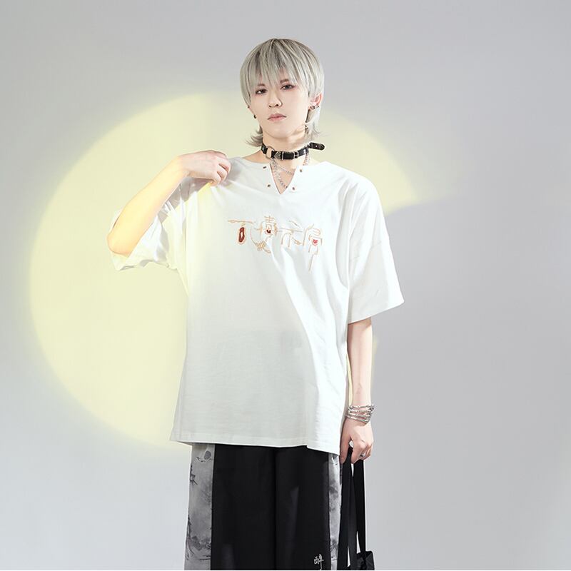 [Kyodo Series]★China style T-shirt★ Tops 2color Unisex Men's Embroidery Text Pattern Casual Short Sleeve