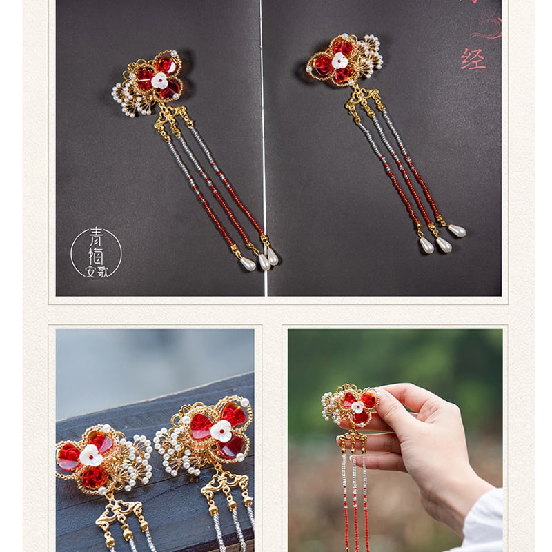 [Ome Anka Series]★China Hair Ornament★Hairpin Pair Coming of Age Ceremony Chinese Clothing Fringe Accessory Handmade Ornament Red Flower