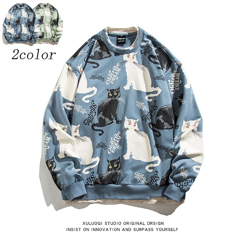 [Satoru Series]★Tops★ 2color Blue or Green Faux Layered Cat Pattern Cat Unisex Couple Clothes Loose