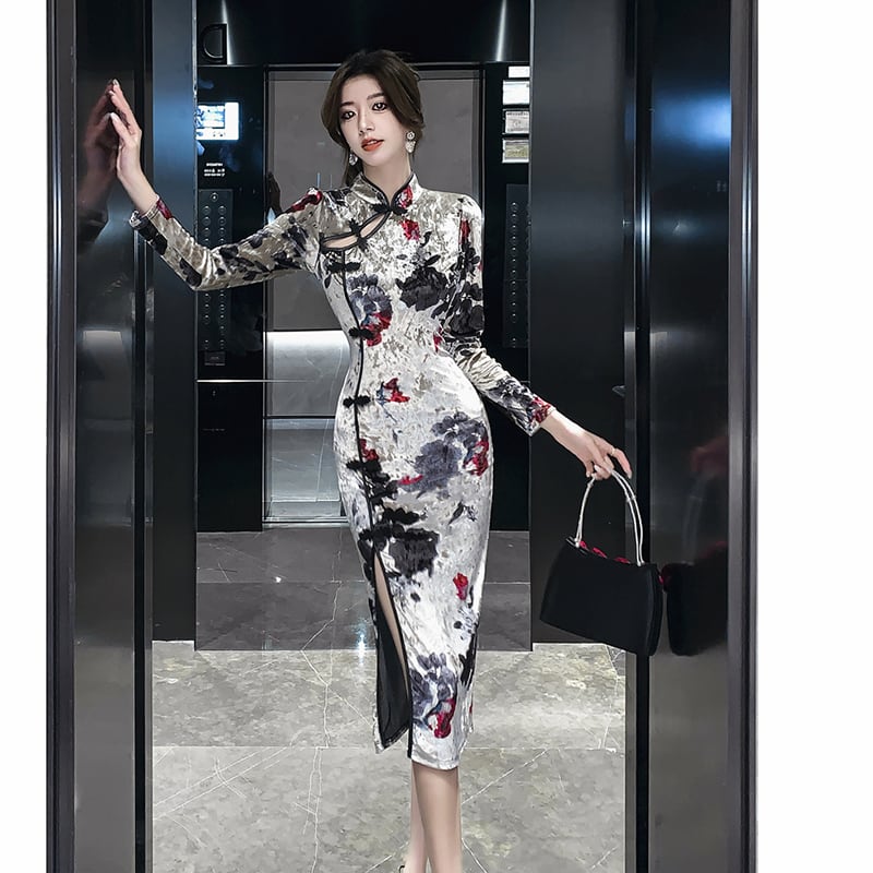 [Hundred Minute Eight Series] ★Cheongsam dress★ Velvet, floral pattern, slimming, sexy, ink pattern dress, improves temperament